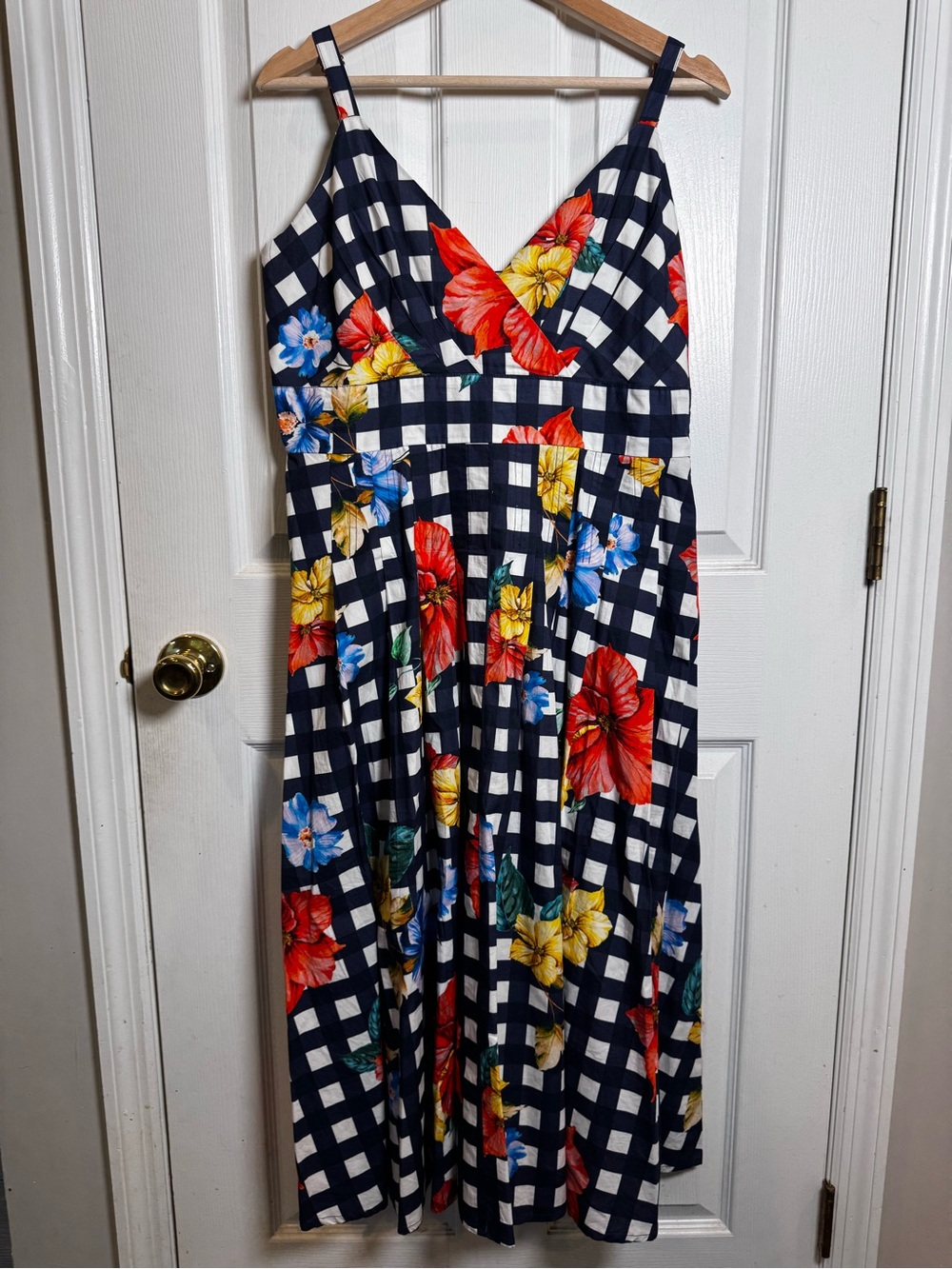 Boston Proper Navy Gingham Floral Midi Sundress 12 100% Cotton Adjustable Straps